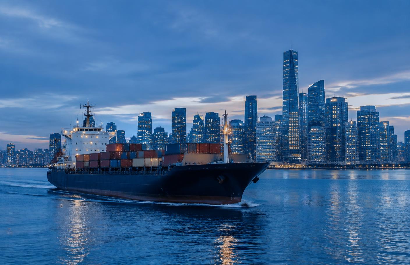 Cargo ship passing a city skyline